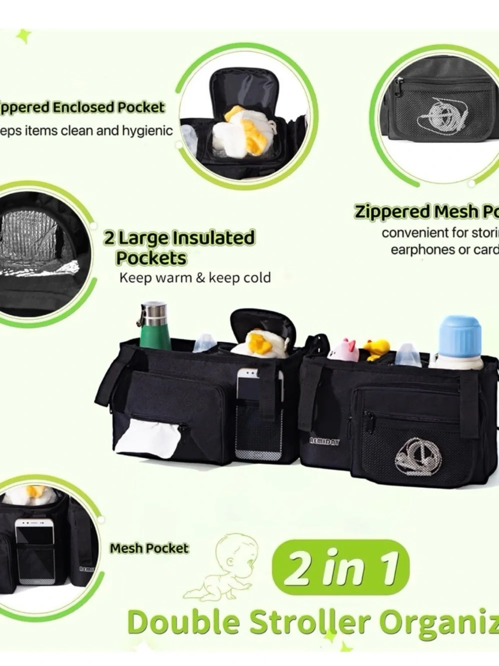 Mido Black Multi-Pocket Stroller Organizer